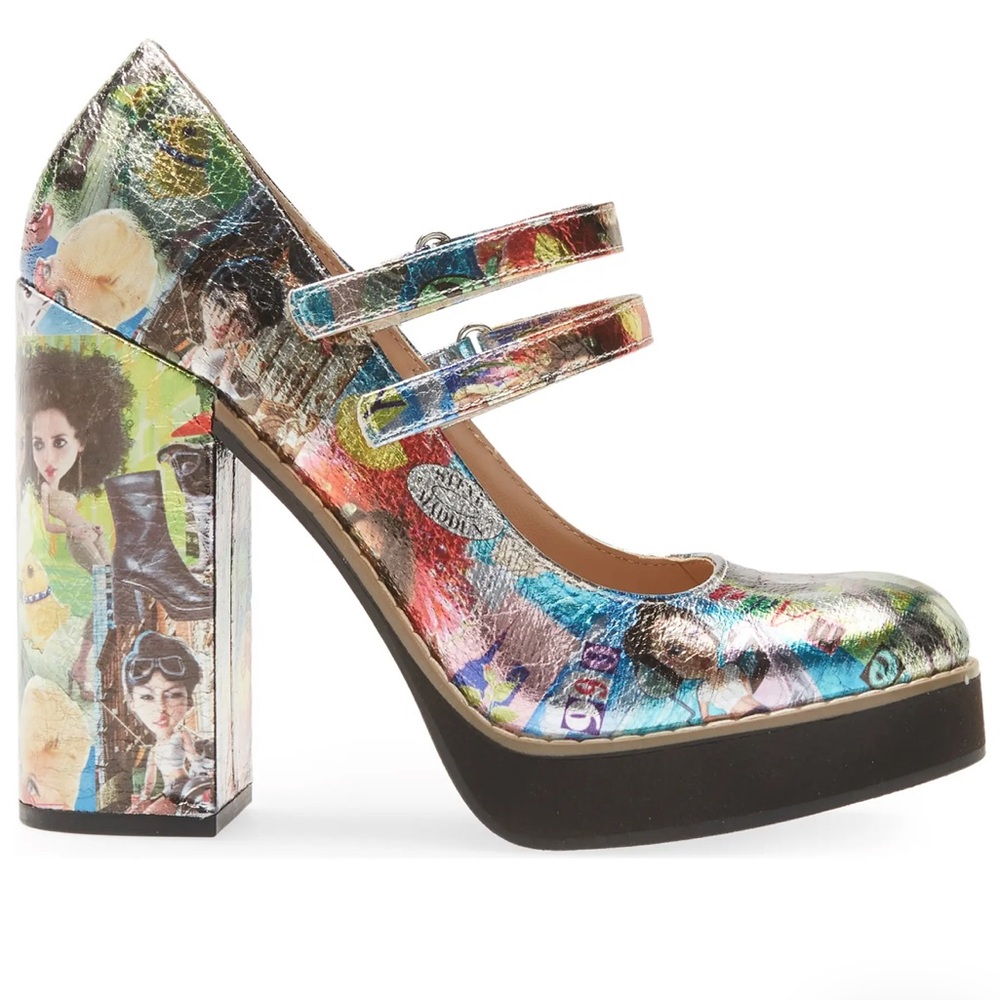 Multicolor Leather Mary Jane Block Heel Pumps